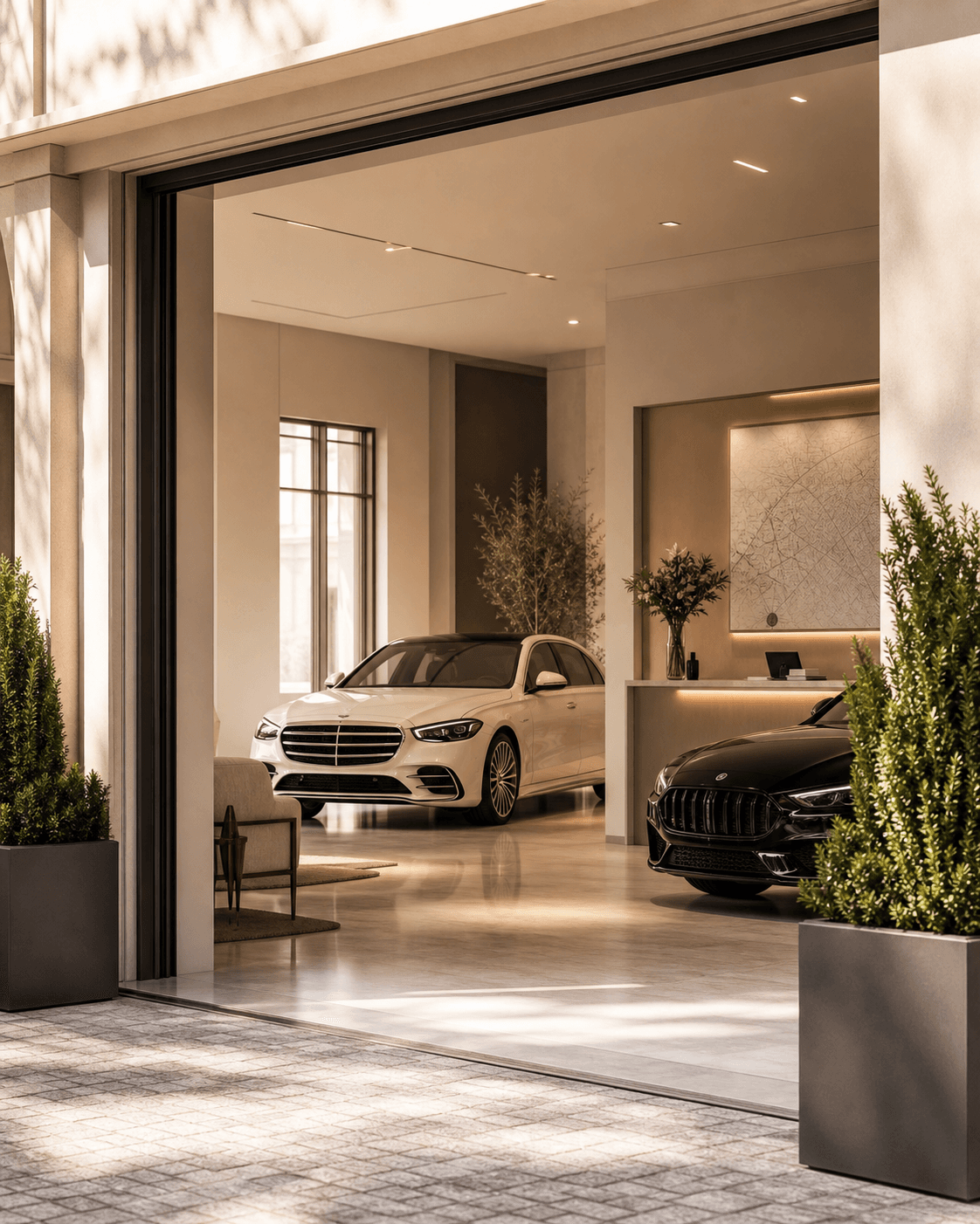 Premium car rental garage with white and black luxury cars