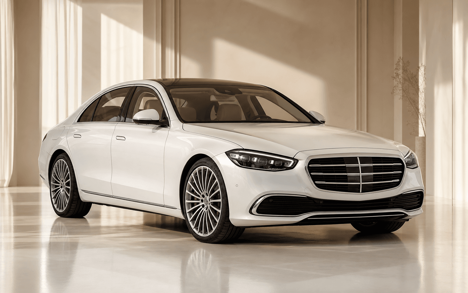 White Mercedes-Benz S-Class in a bright premium showroom