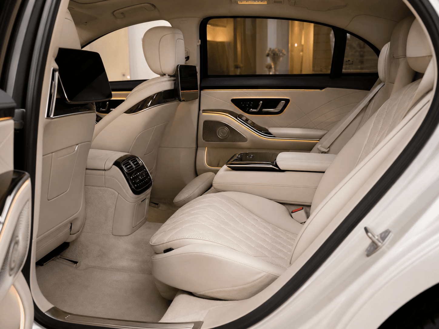 Mercedes-Benz S-Class rear passenger cabin with cream leather